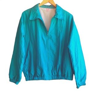 Vintage 80s Full Zip Windbreaker Track Jacket M Crinkle Nylon Pockets Sporty